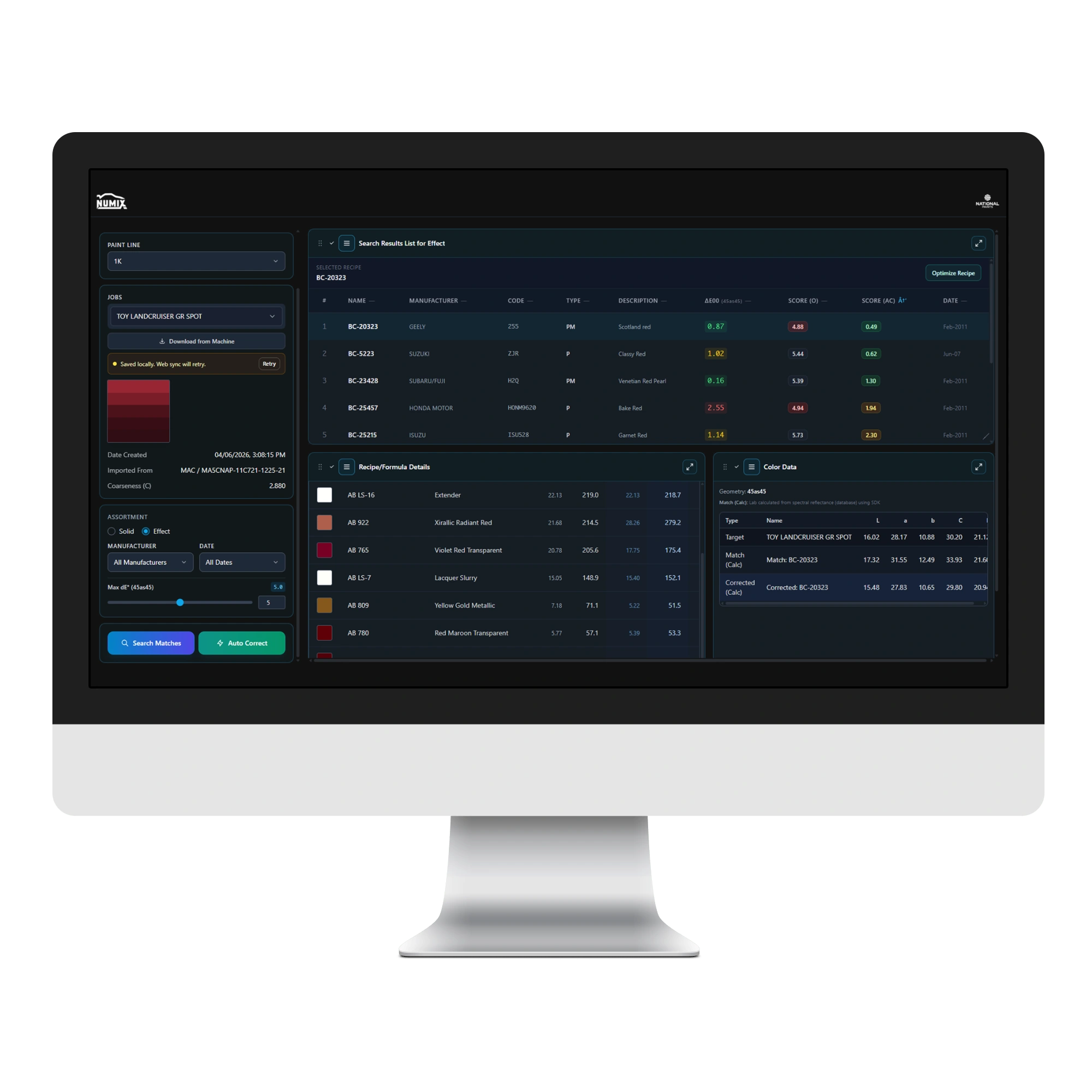 User interface of Numix automotive color matching and paint retrieval software displayed on a screen