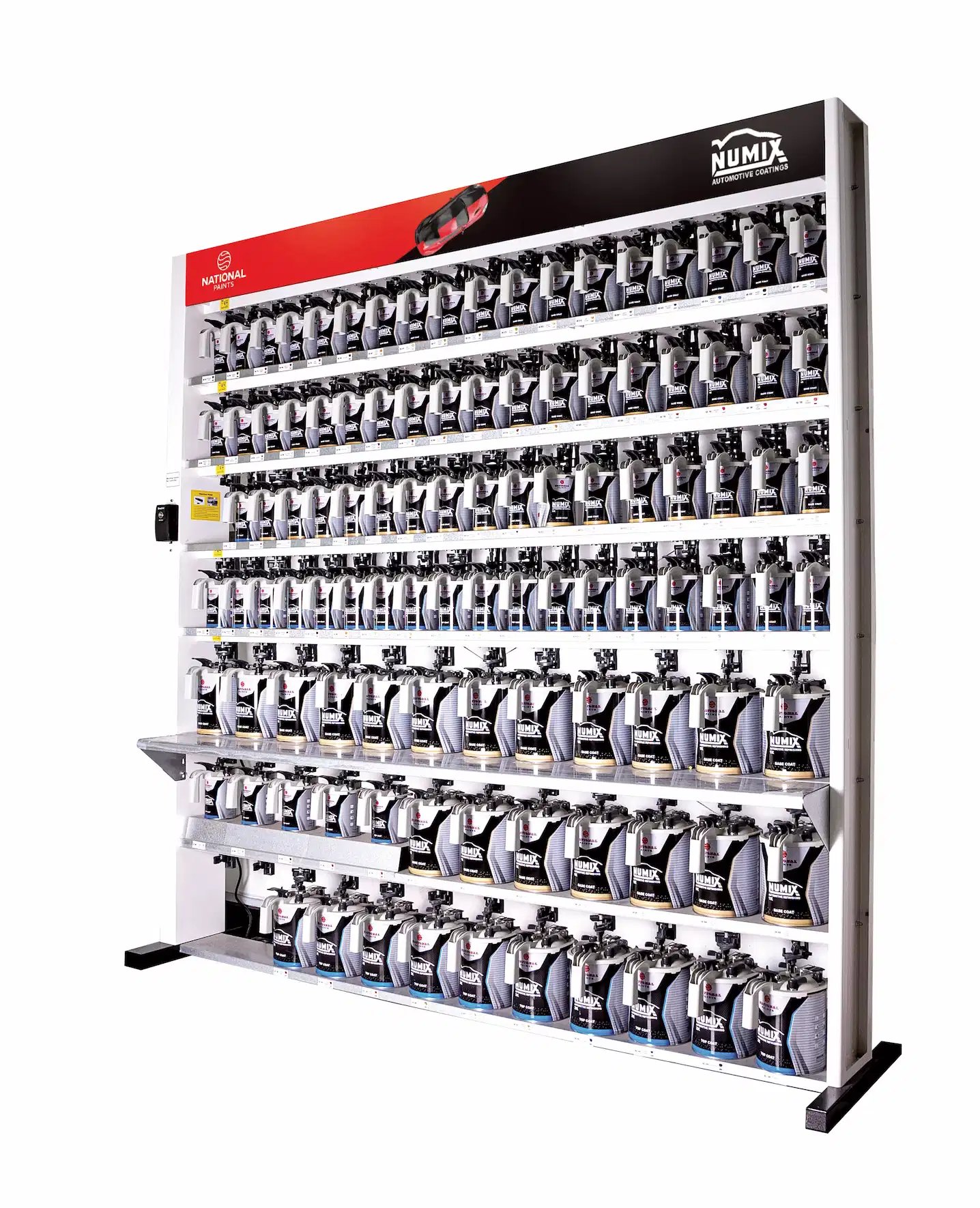 Numix automotive paint mixing system with a fully stocked rack of automotive paint cans