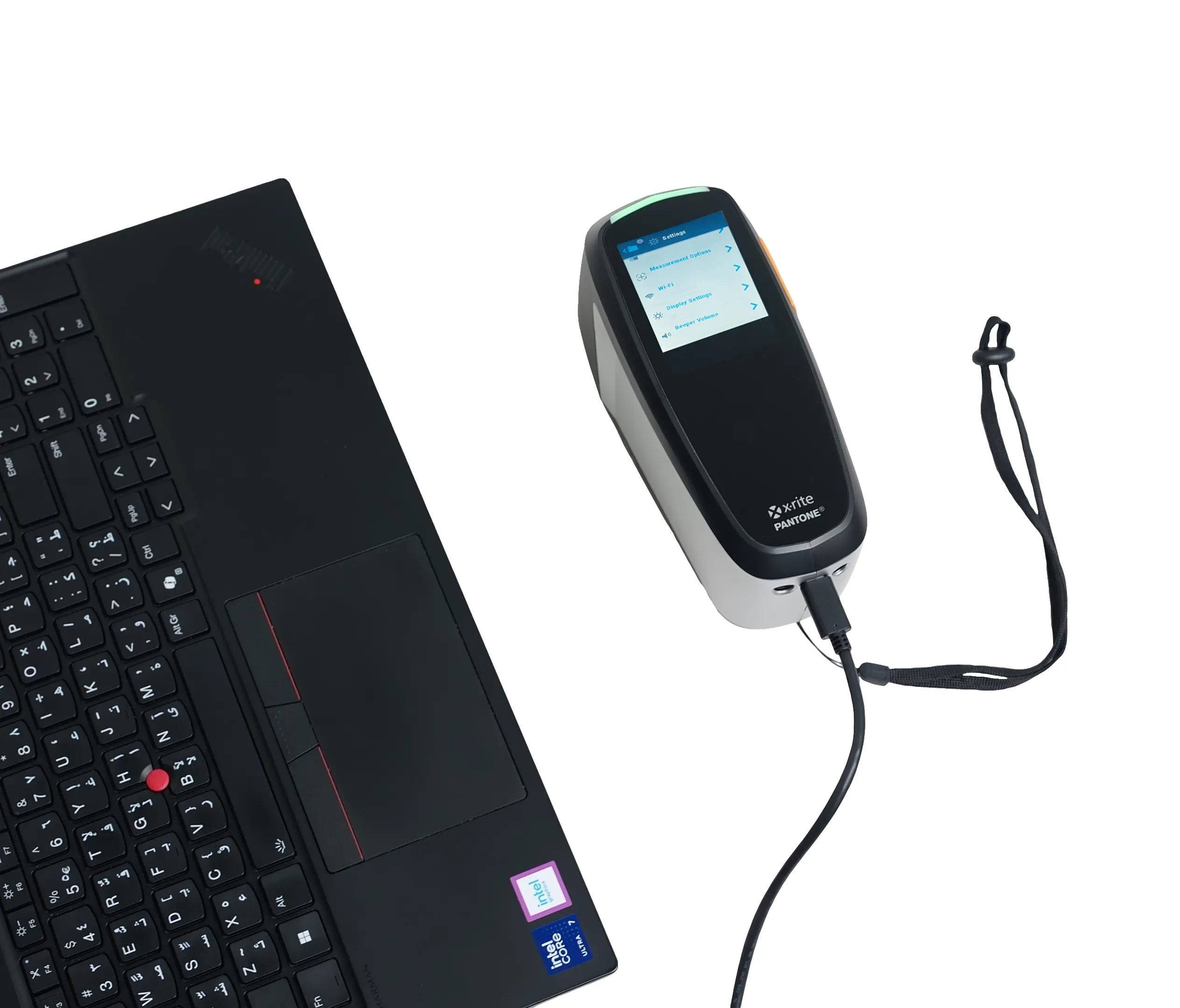 Numix X-Rite MA-5C color matching spectrophotometer connected to a laptop for data transfer